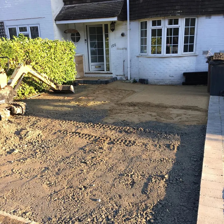 A front garden dug out and levelled ready for a new driveway