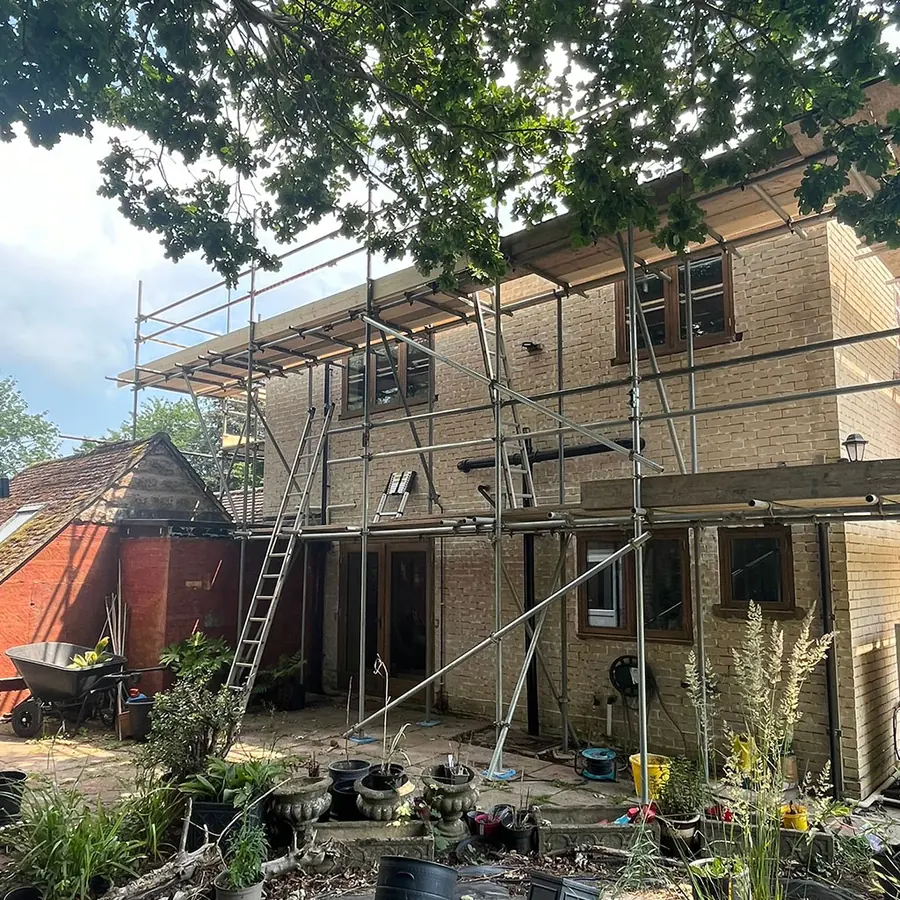 The rear of a house under scaffold during an extension